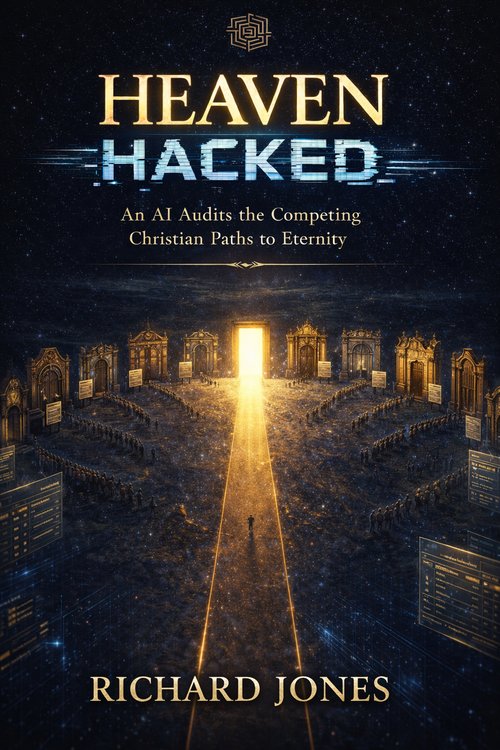 Heaven Hacked book cover: a lone figure walking toward a brilliant golden gateway, surrounded by towering data screens and architectural structures against a deep navy starfield